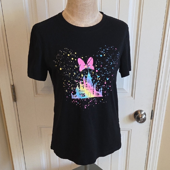 Tops - Disney Castle Rainbow Minnie Ears Splatterdot Black Tshirt